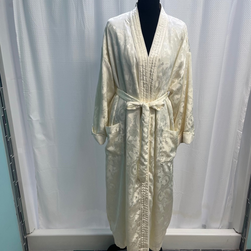 Vintage Victorias Secret Gold Label Ivory Floral Jacquard Terry Lined Robe M/L